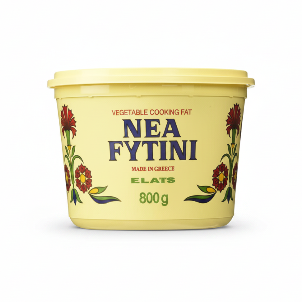 Nea Fytini vegetable cooking fat container with floral design on a white background