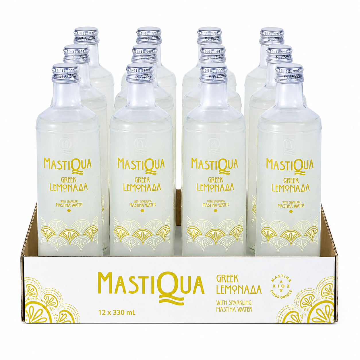 MASTIQUA Greek Lemonade with Sparkling Mastiha Water – 12 Pack (12 x 330ml Glass Bottles)