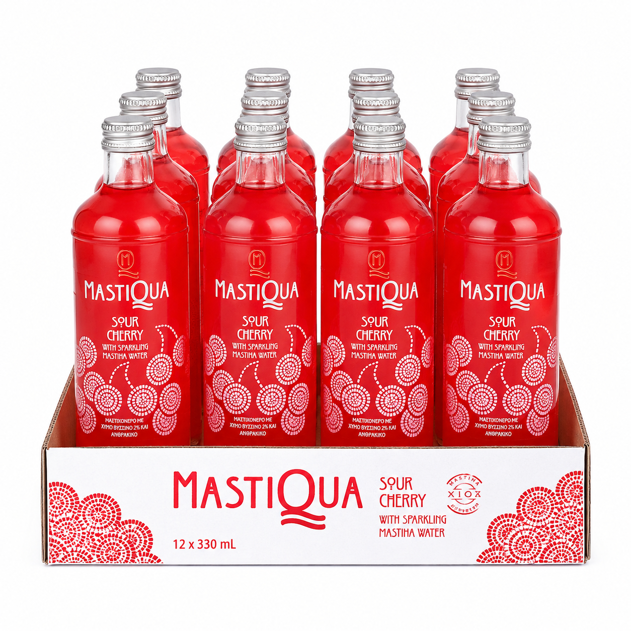 MASTIQUA Sour Cherry Sparkling Mastiha Water – 12 Pack (12 x 330ml Glass Bottles)