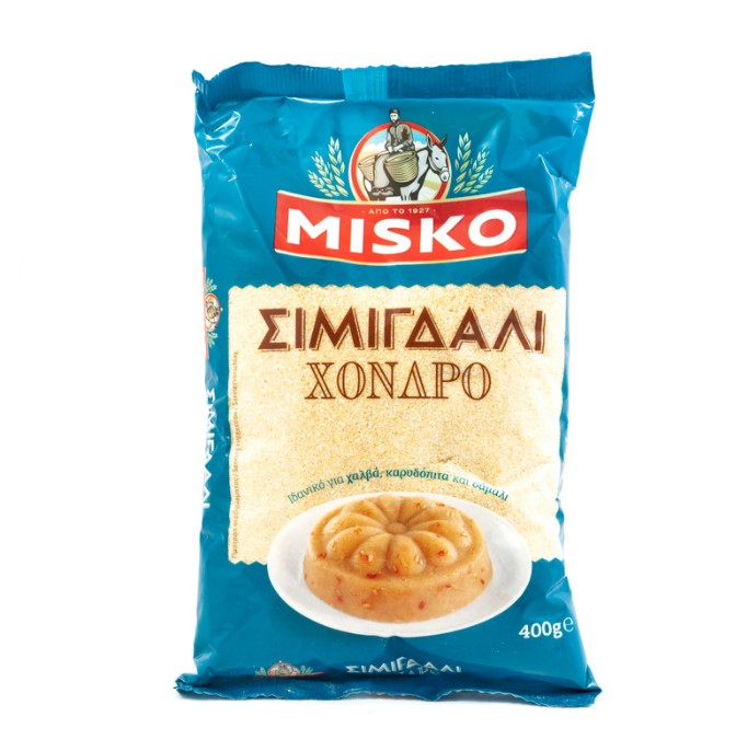 Package of MISKO Coarse Semolina 400g – Greek durum wheat for halva, revani, and bread.