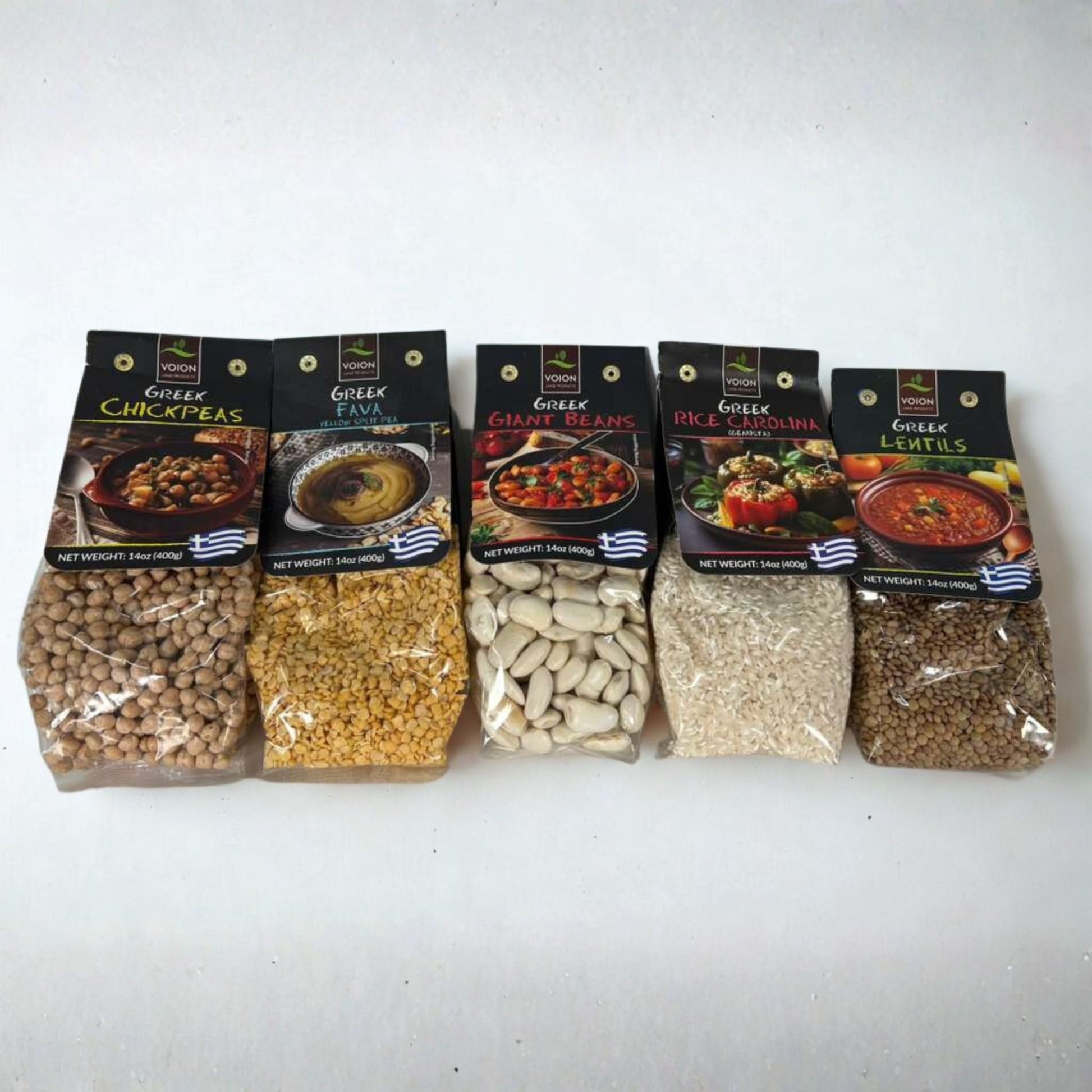 A delicious bundle of Greek staples: chickpeas, giant beans, lentils, rice, and fava