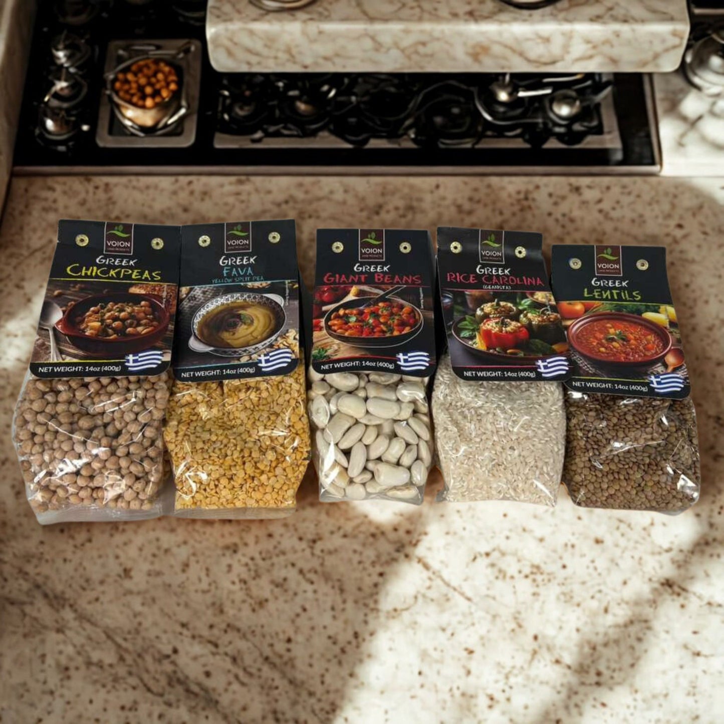 A delicious bundle of Greek staples: chickpeas, giant beans, lentils, rice, and fava