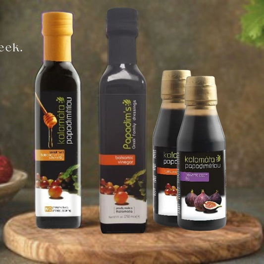 Papadimitriou balsamic vinegar & glaze bundle with honey and grapes – Greek dressings.