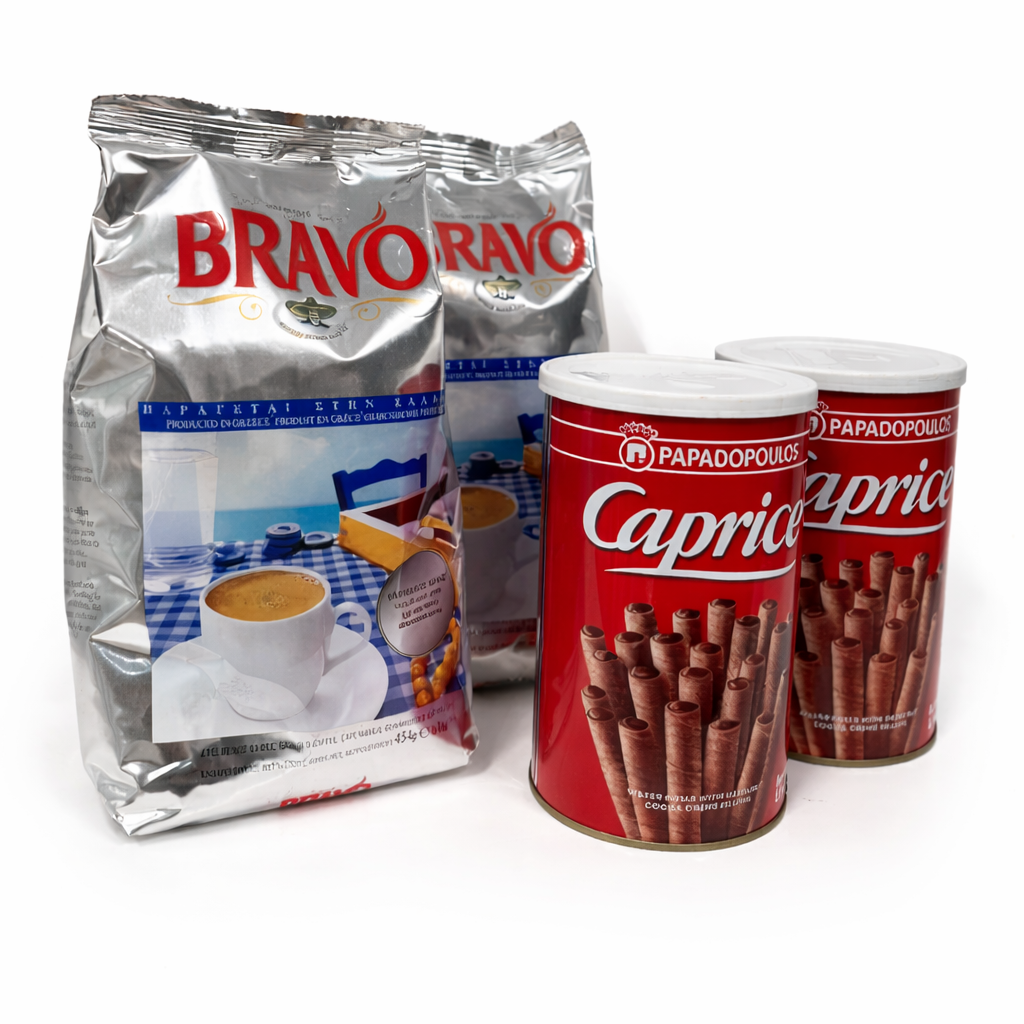 Greek Coffee & Caprice Bundle with two BRAVO 1lb Greek coffee bags and two Papadopoulos Caprice 250g wafer roll tins.