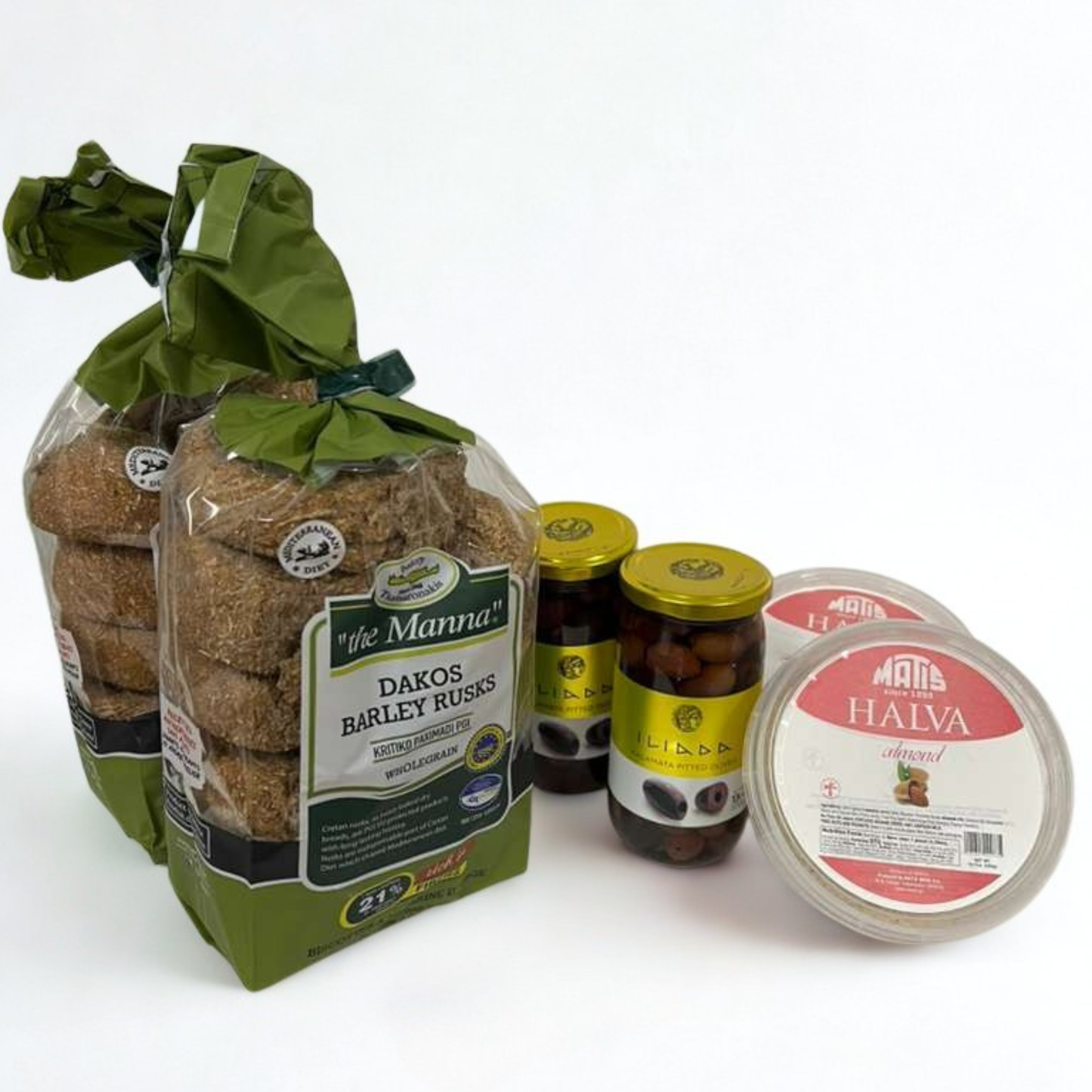 Kathara Deftera Bundle with MATIS Almond Halva 400g, ILIADA Kalamata Olives 370g, and TSATSARONAKIS Barley Rusks 600g