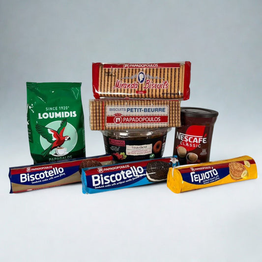Greek Coffee Lover Bundle – A curated selection of traditional Greek coffees and classic biscuits, perfect for slow mornings, coffee breaks, and sharing authentic Greek coffee moments at home.