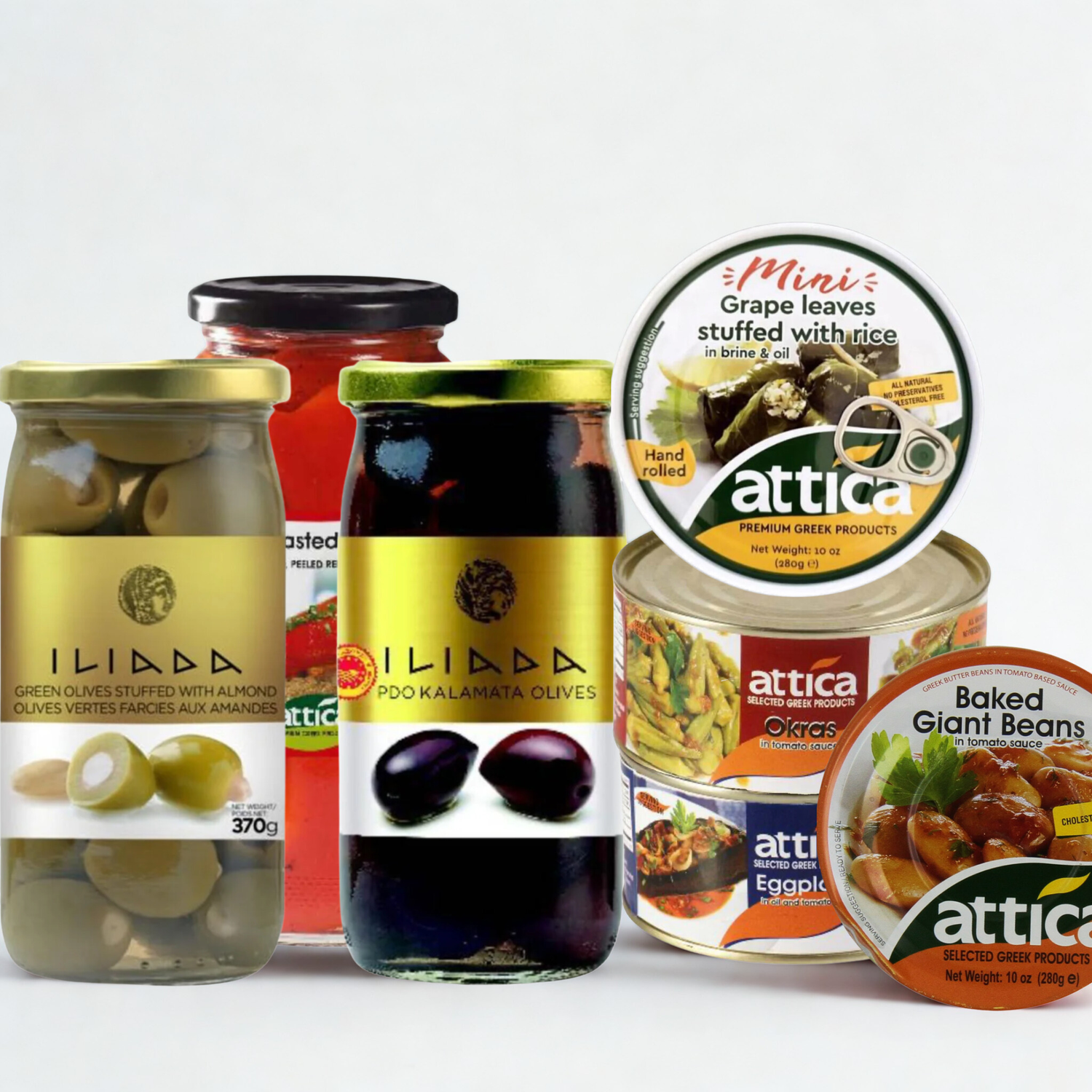 Greek meze bundle with Kalamata olives, roasted peppers, dolmadakia and Attica giant beans