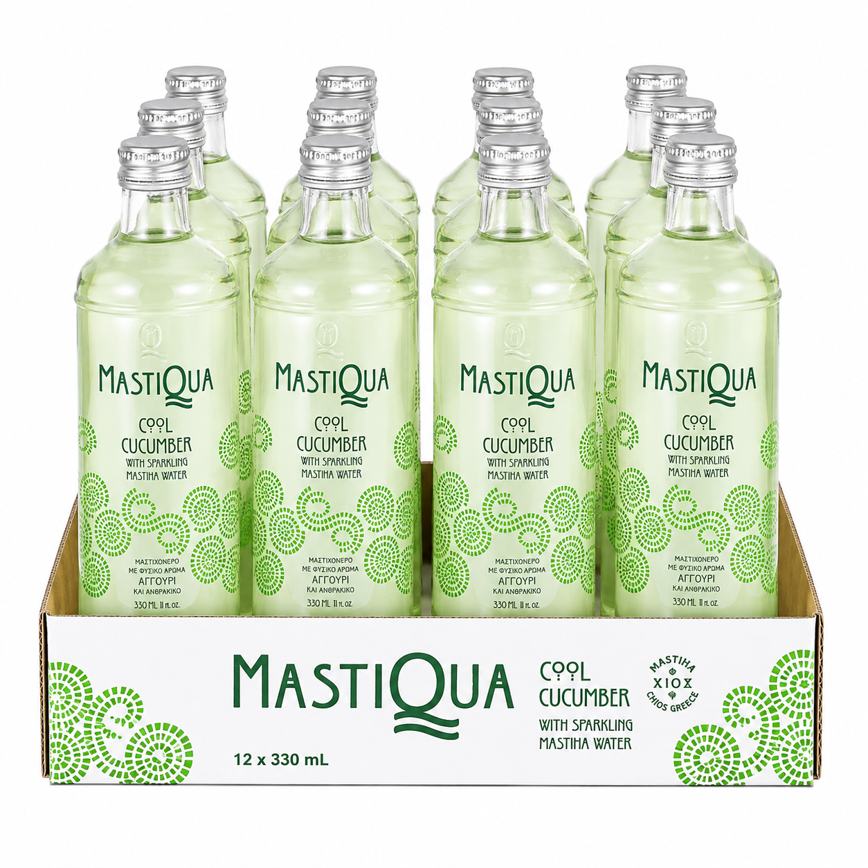 MASTIQUA Cool Cucumber Sparkling Mastiha Water – 12 Pack (12 x 330ml Glass Bottles)