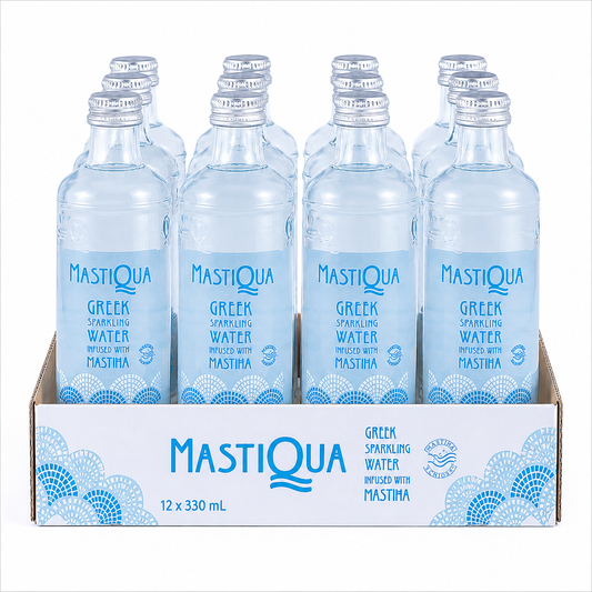 MASTIQUA Greek Sparkling Water Infused with Mastiha – 12 Pack (12 x 330ml Glass Bottles)