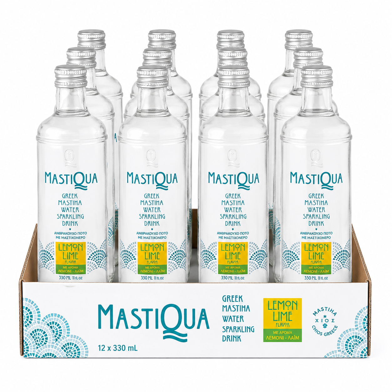 MASTIQUA Lemon Lime Sparkling Mastiha Water – 12 Pack of 330ml Glass Bottles
