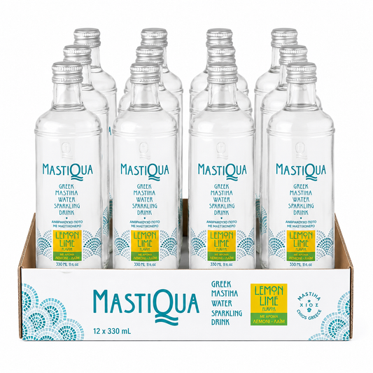 MASTIQUA Lemon Lime Sparkling Mastiha Water – 12 Pack of 330ml Glass Bottles