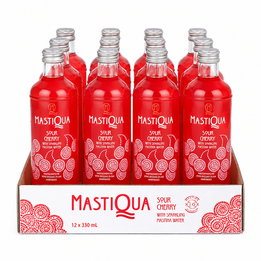 MASTIQUA Sour Cherry Sparkling Mastiha Water – 12 Pack (12 x 330ml Glass Bottles)