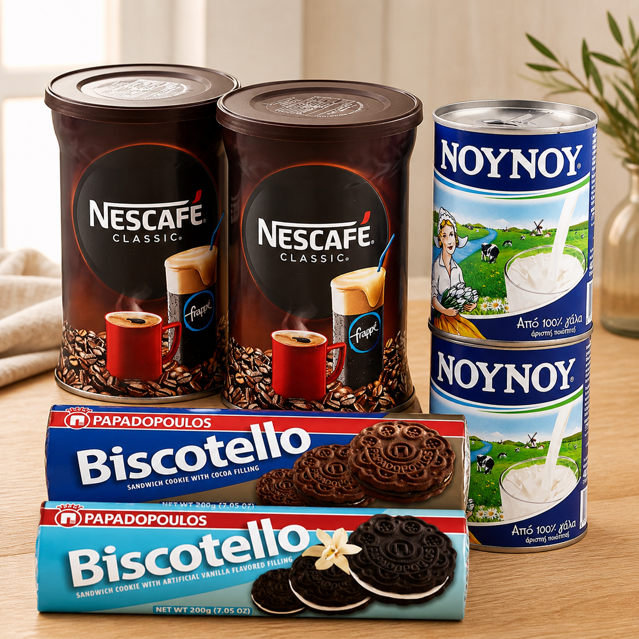Greek coffee break bundle with Nescafe instant coffee, Nounou milk and Papadopoulos biscuits for frappe and dipping cookies
