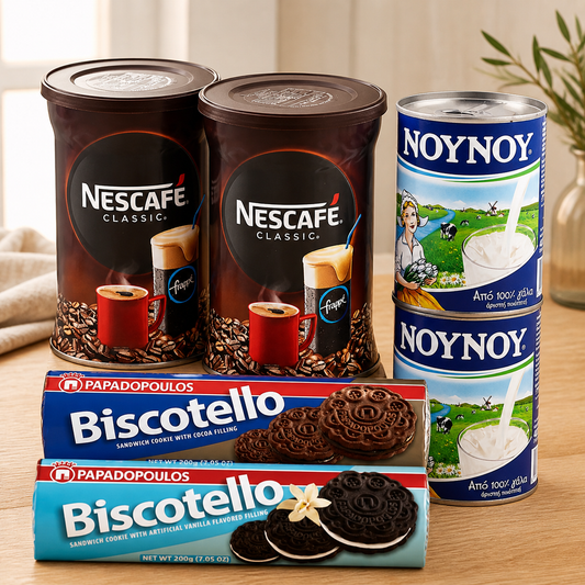 Greek coffee break bundle with Nescafe instant coffee, Nounou milk and Papadopoulos biscuits for frappe and dipping cookies
