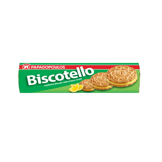 Papadopoulos Lemon Cream Sandwich Biscuits 200g – Crispy Greek biscuits with smooth lemon cream filling
