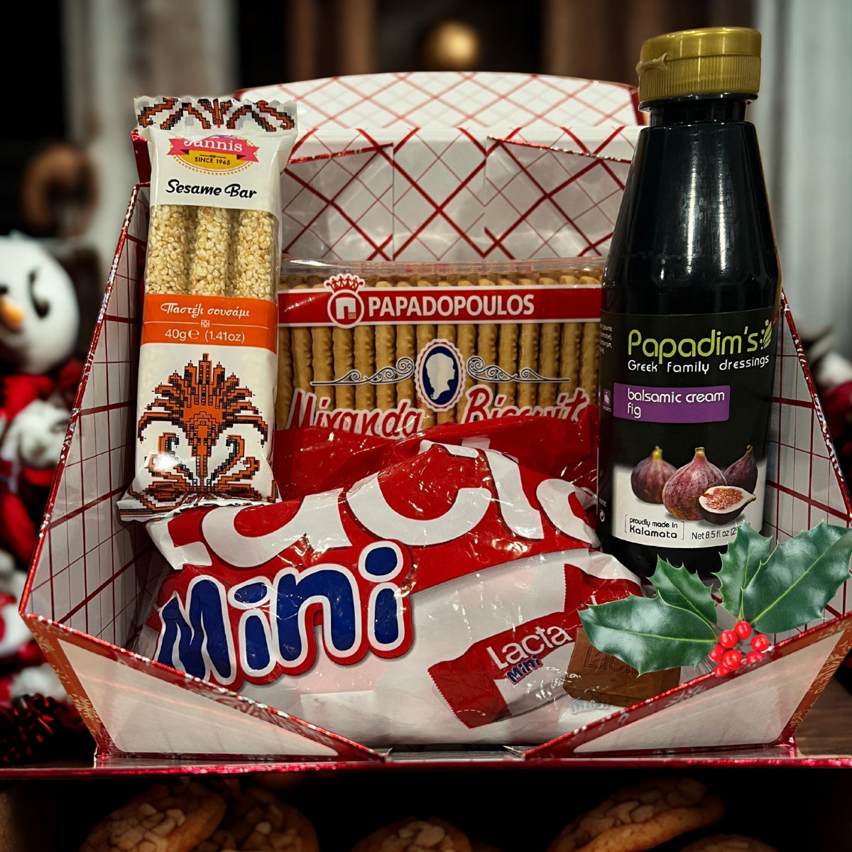 Mediterranean gift box with fig balsamic cream, LACTA mini chocolates, Greek biscuits and sesame pasteli