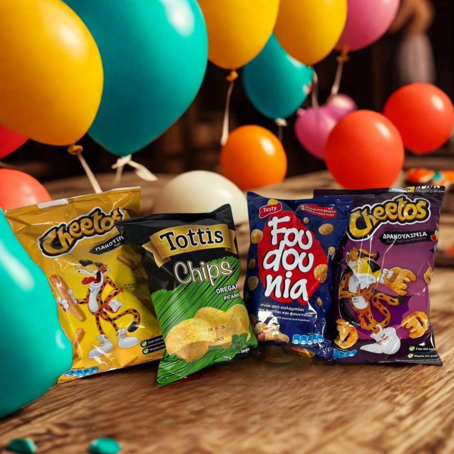 Greek Snack Lover Bundle – A nostalgic mix of classic Greek snacks, featuring crunchy peanut puffs, spicy corn chips, cheesy football-shaped bites, and oregano-seasoned potato chips, perfect for sharing, movie nights, and casual snacking.