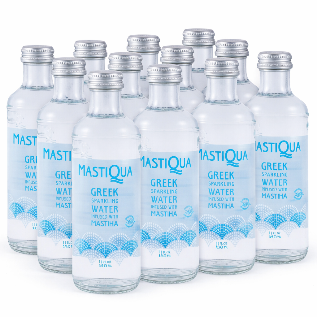 Mastiqua Greek Sparkling Water with Mastiha 330ml (11.1oz) – pack of 12 bottles.