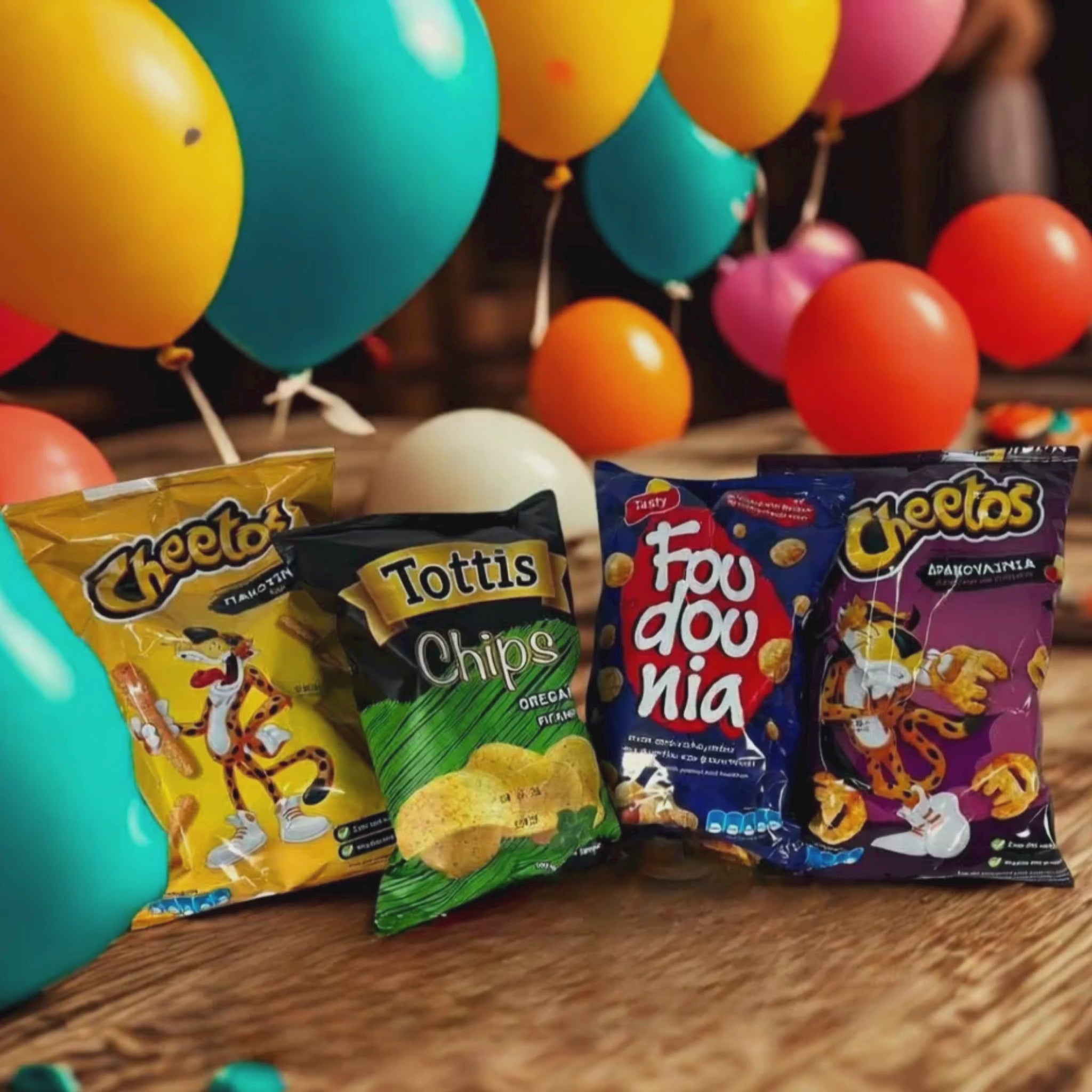Greek Snack Lover Bundle – A nostalgic mix of classic Greek snacks, featuring crunchy peanut puffs, spicy corn chips, cheesy football-shaped bites, and oregano-seasoned potato chips, perfect for sharing, movie nights, and casual snacking.