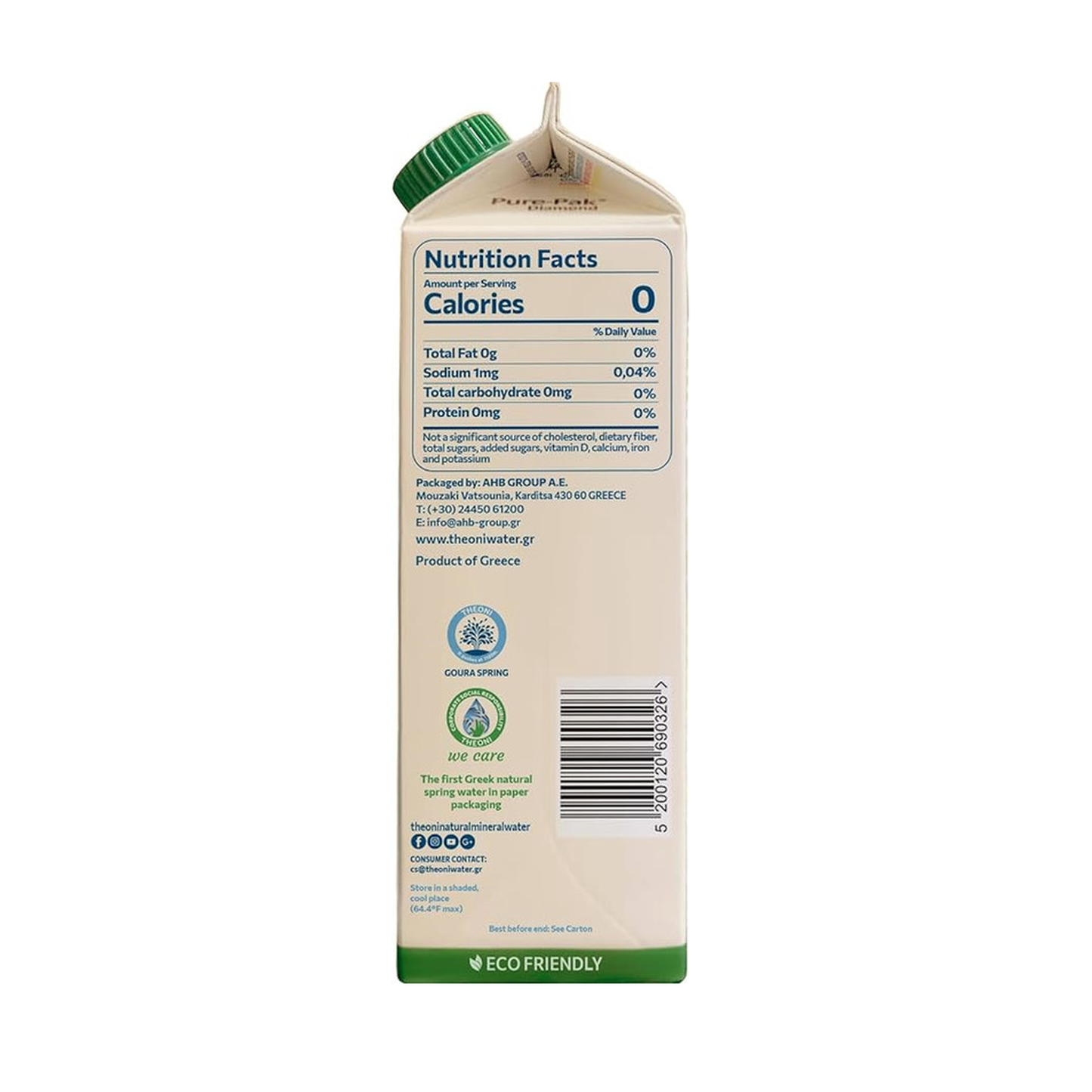 THEONI natural mineral water carton back view with nutrition facts and barcode