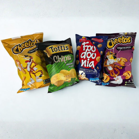 Greek Snack Lover Bundle – A nostalgic mix of classic Greek snacks, featuring crunchy peanut puffs, spicy corn chips, cheesy football-shaped bites, and oregano-seasoned potato chips, perfect for sharing, movie nights, and casual snacking.